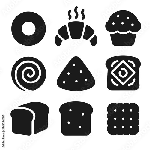 Breakfast Bakery Icons. Solid style icons of breakfast bakery items: bagel icon, croissant with steam, muffin top, pastry swirl,