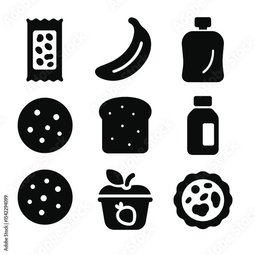 Quick Breakfast Icons. Solid style icons of quick breakfast bites: granola bar, banana to-go, yogurt pouch, energy ball, toast