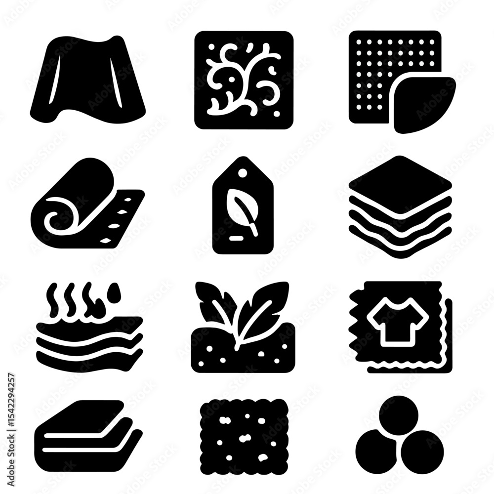 Fabric Icons Collection. Solid style icons of fabric: glossy satin surface, embossed pattern cloth, air mesh panel, foam-backed Fabric Icons Collection. Solid style icons of fabric: glossy satin surface, embossed pattern cloth, air mesh panel, foam-backed