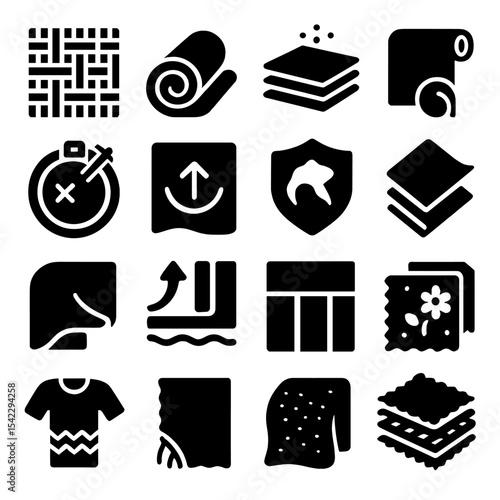 Fabric Icon Set. Solid style icons of fabric: coarse weave pattern, compact textile bundle, laminated fabric icon, roll-end cloth
