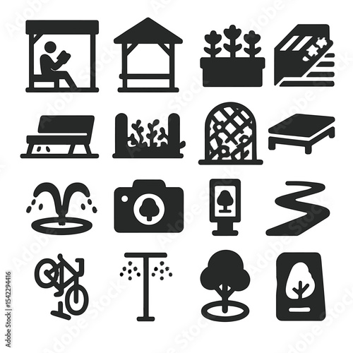 Urban Park Icons. Solid style icons of urban and park: shaded reading nook, park pavilion roof, raised urban bed, crosswalk flower