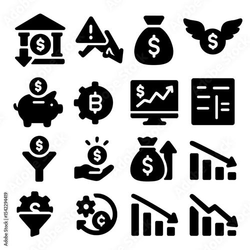 Economy Icon Set. Solid style icons of economy: fiscal policy icon, recession alert graph, money bag icon, banknote with wings,