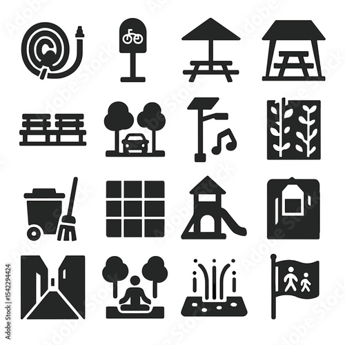 Urban and Park Icons. Solid style icons of urban and park: garden hose reel, bike lane divider, shade structure, picnic area