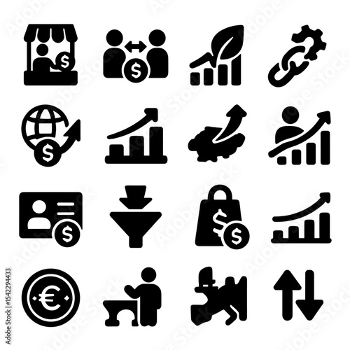 Economy Icons Collection. Solid style icons of economy: informal economy icon, peer-to-peer transaction, green economy leaf graph,