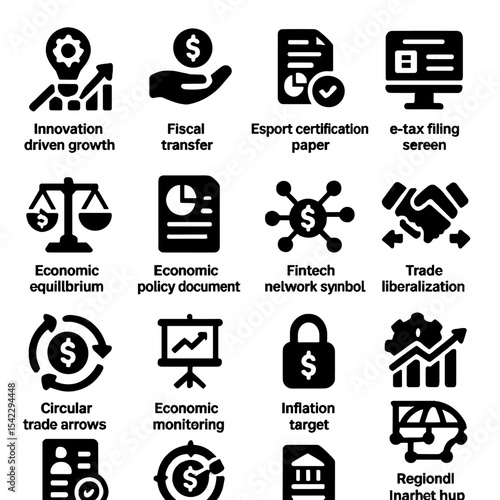 Economy Icon Set. Solid style icons of economy: innovation-driven growth icon, fiscal transfer icon, export certification paper, e