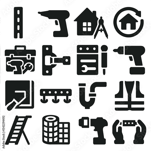 Home Improvement Icons. Solid style icons of home improvement and DIY: adjustable shelf track, drywall screw gun, home design icon