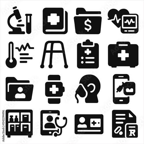 Medical Icon Set. Solid style icons of medical and healthcare: diagnostic lab icon, emergency bandage pack, hospital billing file,