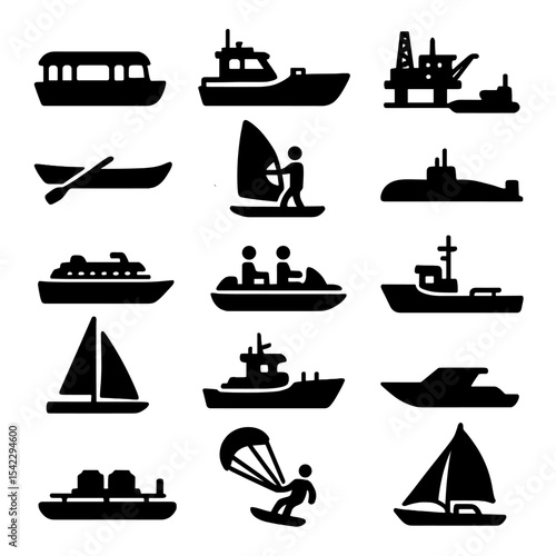 Watercraft Silhouette Icons. Solid style icons of watercraft silhouette: covered river ferry, bay patrol boat, oil platform supply