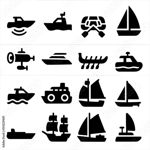 Watercraft Silhouette Icons. Solid style icons of watercraft silhouette: boat with sonar equipment, patrol boat with mounted light