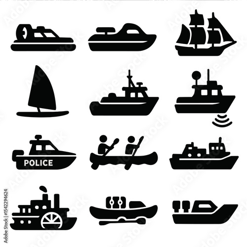 Watercraft Silhouette Icons. Solid style icons of watercraft silhouette: patrol hover vessel, bay explorer boat, motorized
