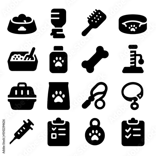Pet Care Icons. Solid style icons of pet care: food bowl, water dispenser, grooming brush, pet bed, litter box, pet shampoo bottle