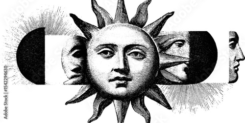 Celestial sun and moon engraving pattern in vintage black and white design