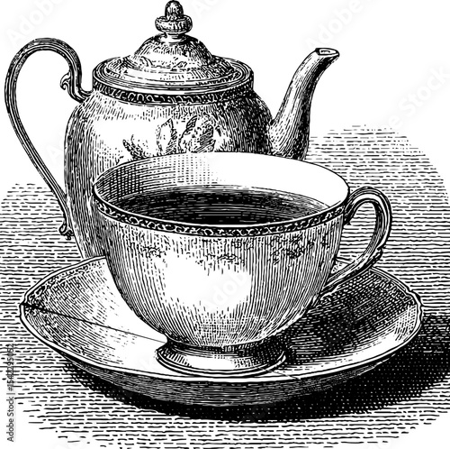 Vintage tea set cornerpiece in engraving style for artistic design