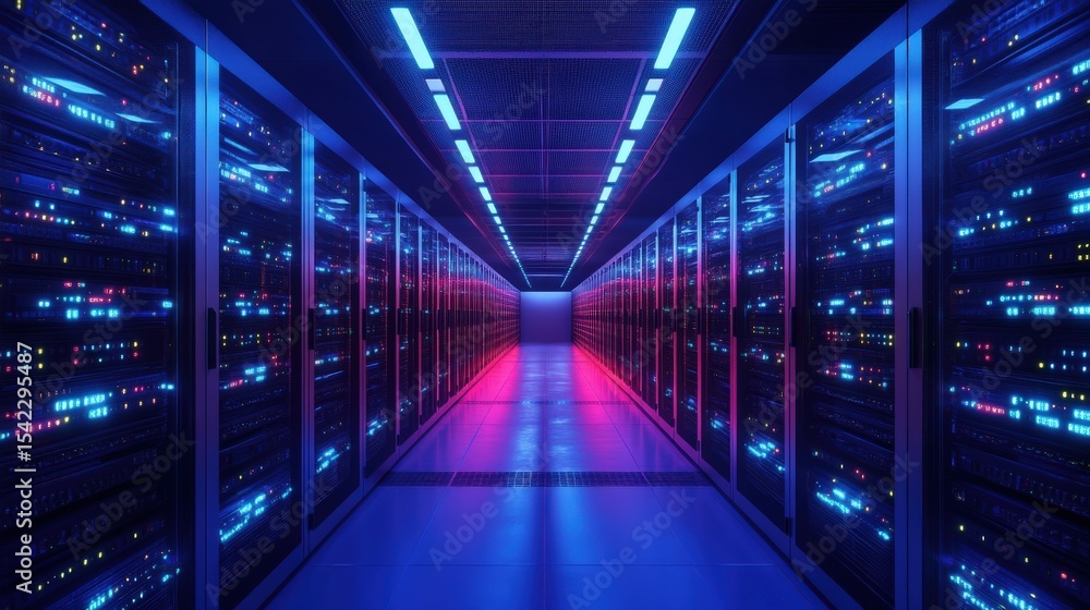 Data center with servers illuminated by blue and pink lights Data center with servers illuminated by blue and pink lights