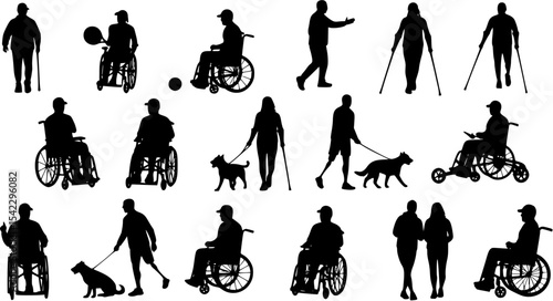 Black Silhouettes of People with Disabilities – Wheelchairs, Prosthetics, Crutches, Guide Dogs, Active Life Scenes
