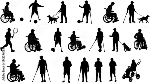 Black Silhouettes of People with Disabilities – Wheelchairs, Prosthetics, Crutches, Guide Dogs, Active Life Scenes
