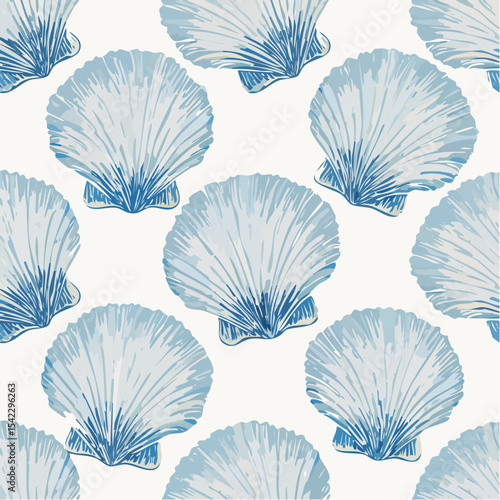 Elegant seamless pattern featuring hand-drawn blue seashells in a soothing coastal palette. Ideal for beach-themed projects, summer textiles, wrapping paper, wallpaper, and ocean-inspired decor. 