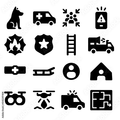 Emergency Services Icons. Solid style icons of emergency services: police rescue dog, stretcher transport vehicle, emergency
