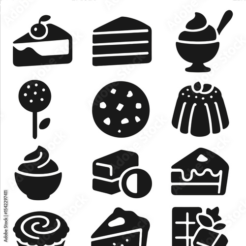 Dessert Icons Collection. Solid style icons of desserts: cherry cheesecake slice, layered sponge cake, soft fruit sorbet, mousse