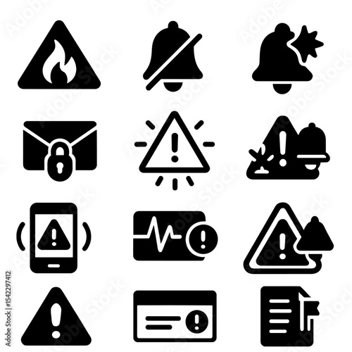 Solid Alert Icons. Solid style icons of notification and alert: fire alert icon, error sound bell, mute notification toggle,