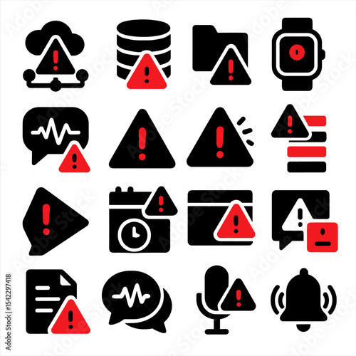 Solid Alert Icons. Solid style icons of notification and alert: network alert icon, database warning triangle, folder with