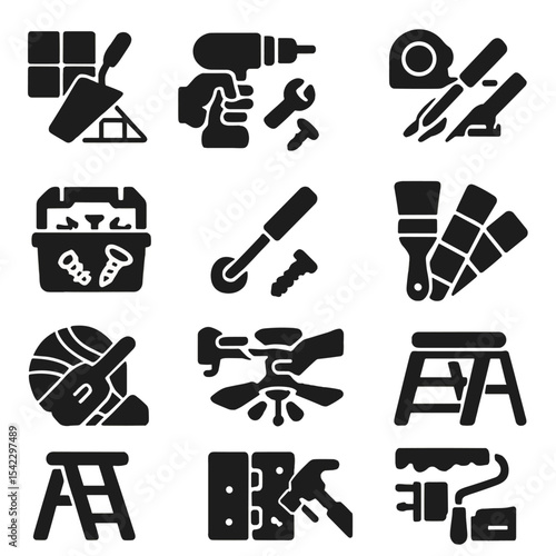DIY Tools Icons. Solid style icons of DIY home improvement: tile laying trowel, hands holding drill, measuring tape and pencil,