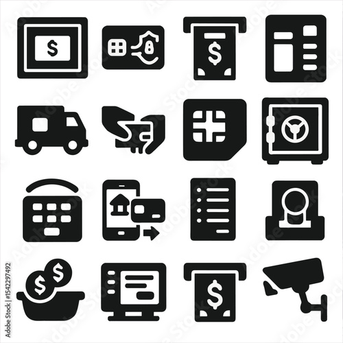 ATM Icon Set. Solid style icons of ATM and banking: ATM startup screen, encrypted card chip, withdrawal animation icon, ATM side