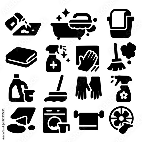 Home Cleaning Icons. Solid style icons of home cleaning: carpet stain removal, bathtub shine icon, handheld scrubber with bubbles,