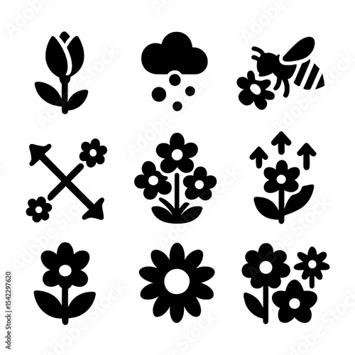 Pollination Iconography. Solid style icons of pollination and flower growth: blooming bud, pollen cloud, bee pollination,