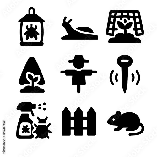 Garden Pest Icons. Solid style icons of garden pests and protection: insect trap, slug barrier, bird net, plant cover, scarecrow