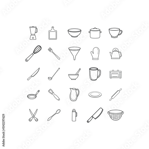 Set of 25 Kitchen Tool Line Art vector.blender, board, bowl, crockpot, cup, egg beater, fork, glove, kettle, knife, ladle, mortar, mug, oven, pan and More Line Art