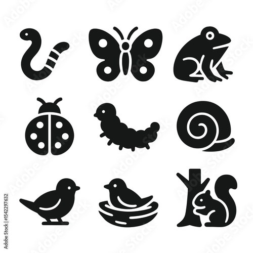 Garden Animal Icons. Solid style icons of garden animals: earthworm, butterfly, honeybee, garden frog, ladybug, caterpillar, bird