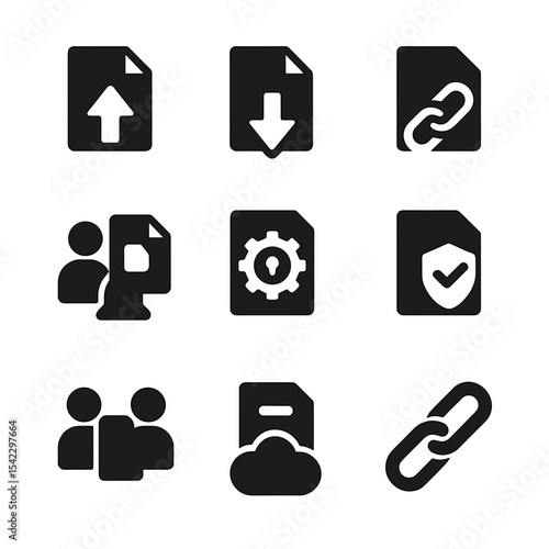 File Sharing Icons. Solid style icons of file sharing: send file, receive file, share link, shared user, permission settings,