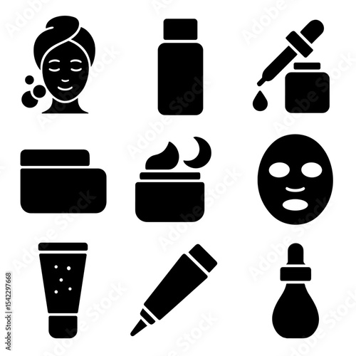 Skincare Routine Icons. Solid style icons of skincare routine: face cleanser, toner bottle, serum dropper, moisturizer jar, night
