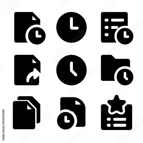 Recent File Icons. Solid style icons of recently used files: recent file icon, clock with document, time-sorted list, reopen file,