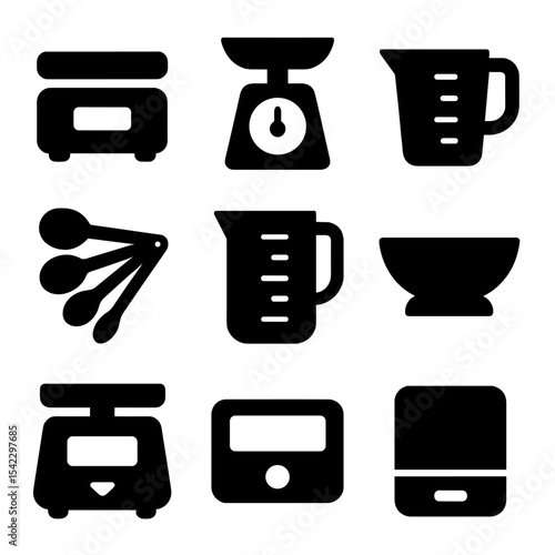 Kitchen Weighing Tools. Solid style icons of kitchen scale and measuring: digital scale, mechanical scale, measuring cup, spoon