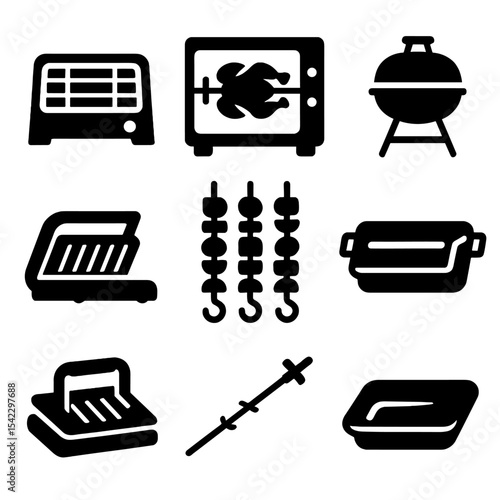 Grilling Icons Collection. Solid style icons of grilling and roasting: electric grill, rotisserie oven, mini grill, contact grill,