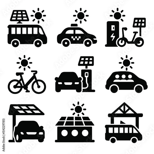 Solar Mobility Icons. Solid style icons of solar mobility for cities: solar shuttle, solar taxi, solar e-bike, solar scooter