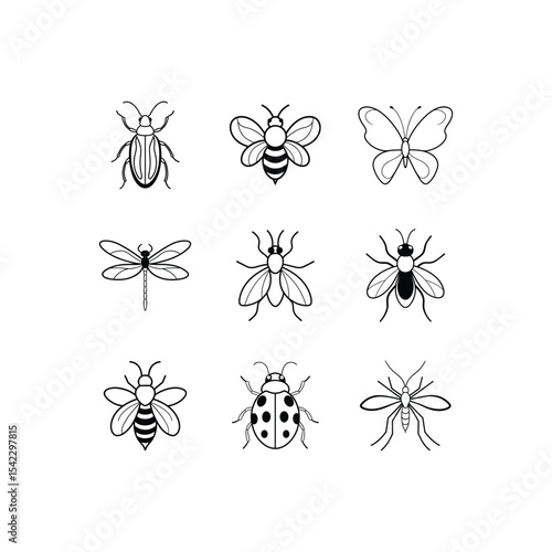 Set of 9 Insect Design.beetle, butterfly, dragonfly, fly, housefly, bee, mosquito and More Line Art vector