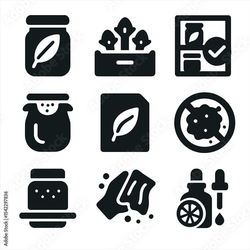 Food-Safe Pest Solutions Icons. Solid style icons of food-safe pest solutions: bay leaf in jar, clove in drawer, clean pantry icon