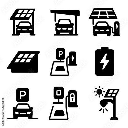 Solar Parking Icons. Solid style icons of solar parking infrastructure: solar carport, solar canopy, shaded charging, angled panel