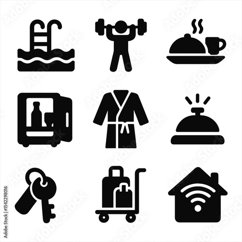Hotel Amenity Icons. Solid style icons of hotel amenities: swimming pool, gym icon, breakfast tray, room key, minibar, bathrobe