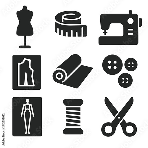 Fashion Design Icons. Solid style icons of fashion design tools: mannequin icon, tape measure, sewing machine, pattern sheet,