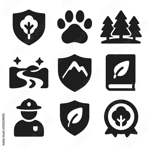 Nature Protection Icons. Solid style icons of nature protection: shield with tree, animal paw print, forest zone, clean river,