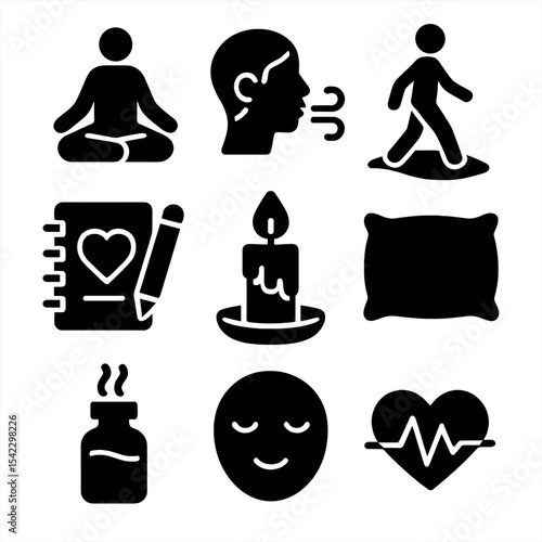 Emotional Wellbeing Icons. Solid style icons of emotional wellbeing: meditation pose, breathing exercise, mindful walk, gratitude