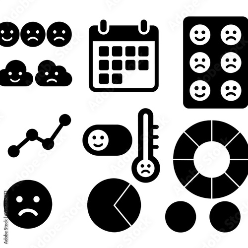 Solid Emotions Icons. Solid style icons of emotion tracking: emoji face series, mood calendar, weather-style mood icons, mood