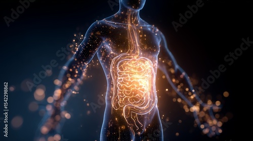 Human silhouette illustrates glowing stomach and brain connection with microscopic gut bacteria surrounding the figure