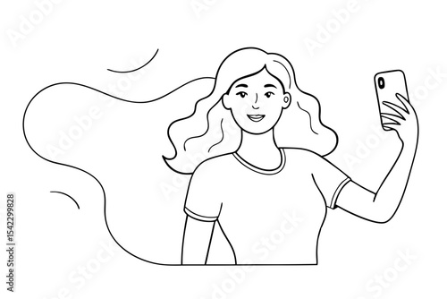 Girl Taking Selfie Minimalist Line Art