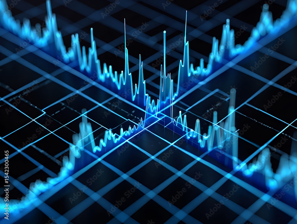 Naklejka premium Abstract blue graph lines on a black grid background showing data analysis and visualization concept