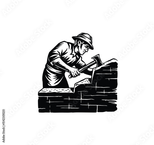 Man cutting stone with hammer vector in black color with white background.
